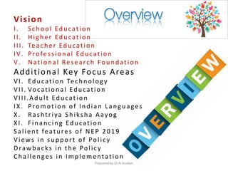 Vision
I. School Education
II. Higher Education
III. Teacher Education
IV. Professional Education
V. National Research Foundation
Additional Key Focus Areas
VI. Education Technology
VII. Vocational Education
VIII.Adult Education
IX. Promotion of Indian Languages
X. Rashtriya Shiksha Aayog
XI. Financing Education
Salient features of NEP 2019
Views in support of Policy
Drawbacks in the Policy
Challenges in Implementation
Prepared by Dr.N.Asokan
 