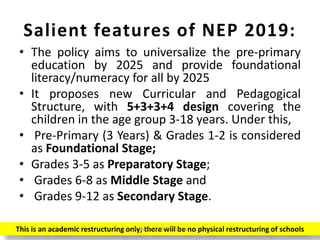 Salient features of NEP 2019:
• The policy aims to universalize the pre-primary
education by 2025 and provide foundational
literacy/numeracy for all by 2025
• It proposes new Curricular and Pedagogical
Structure, with 5+3+3+4 design covering the
children in the age group 3-18 years. Under this,
• Pre-Primary (3 Years) & Grades 1-2 is considered
as Foundational Stage;
• Grades 3-5 as Preparatory Stage;
• Grades 6-8 as Middle Stage and
• Grades 9-12 as Secondary Stage.
This is an academic restructuring only; there will be no physical restructuring of schoolsPrepared by Dr.N.Asokan
 