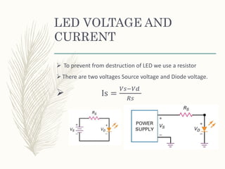LED VOLTAGE AND
CURRENT
 To prevent from destruction of LED we use a resistor
 There are two voltages Source voltage and Diode voltage.
 Is =
𝑉𝑠−𝑉𝑑
𝑅𝑠
 