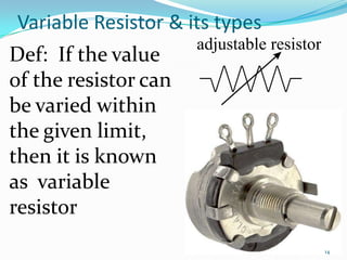 Variable Resistor & its types
Def: If the value
of the resistor can
be varied within
the given limit,
then it is known
as variable
resistor
14

 