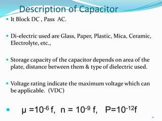 Description of Capacitor
 It Block DC , Pass AC.
 Di-electric used are Glass, Paper, Plastic, Mica, Ceramic,

Electrolyte, etc.,
 Storage capacity of the capacitor depends on area of the

plate, distance between them & type of dielectric used.
 Voltage rating indicate the maximum voltage which can

be applicable. (VDC)



µ =10-6 f, n = 10-9 f, P=10-12f
21

 