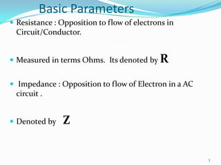 Basic Parameters
 Resistance : Opposition to flow of electrons in

Circuit/Conductor.
 Measured in terms Ohms. Its denoted by

R

 Impedance : Opposition to flow of Electron in a AC

circuit .
 Denoted by

Z

3

 