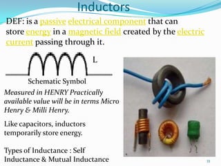 Inductors
DEF: is a passive electrical component that can
store energy in a magnetic field created by the electric
current passing through it.
L
Schematic Symbol
Measured in HENRY Practically
available value will be in terms Micro
Henry & Milli Henry.
Like capacitors, inductors
temporarily store energy.
Types of Inductance : Self
Inductance & Mutual Inductance

33

 