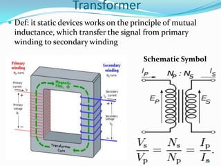 Transformer
 Def: it static devices works on the principle of mutual

inductance, which transfer the signal from primary
winding to secondary winding
Schematic Symbol

39

 