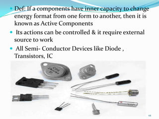  Def: If a components have inner capacity to change

energy format from one form to another, then it is
known as Active Components
 Its actions can be controlled & it require external
source to work
 All Semi- Conductor Devices like Diode ,
Transistors, IC

44

 
