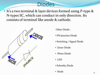 Diodes
 It’s a two terminal & layer devices formed using P-type &

N-types SC, which can conduct in only direction. Its
consists of terminal like anode & cathode.
Other Diode :
• PN Junction Diode

• Switching / Signal Diode
• Zener Diode
• Photo Diode

• LED
• Schottky Diode
• Studs

45

 
