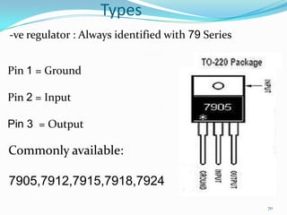 Types
-ve regulator : Always identified with 79 Series

Pin 1 = Ground
Pin 2 = Input

Pin 3 = Output

Commonly available:
7905,7912,7915,7918,7924
70

 
