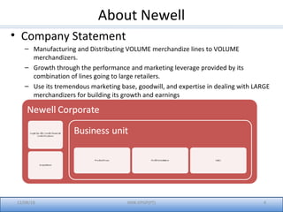 About Newell
• Company Statement
– Manufacturing and Distributing VOLUME merchandize lines to VOLUME
merchandizers.
– Growth through the performance and marketing leverage provided by its
combination of lines going to large retailers.
– Use its tremendous marketing base, goodwill, and expertise in dealing with LARGE
merchandizers for building its growth and earnings
12/08/18 IIMK-EPGP(PT) 4
 