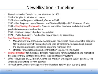 12/08/18 IIMK-EPGP(PT) 6
Newellization - Timeline
• Newell started as Curtain rod manufacturer in 1902
• 1917 – Supplier to Woolworth stores
• 1921 – Leonard Ferguson at Newell, Owner in 1937
• 1950 – Dan Ferguson (son of Leonard and Stanford MBA) as CEO. Revenue 10 mln
• 1967 – First Strategy for Newell – Focus as market for hardware and do-it-yourself
products to volume merchandisers
• 1969 – First non-drapery hardware acquisition
• 1972 - Public Company – Funding for new products by acquisition
• Two-Pronged Strategy
• Manufacture low-technology, nonseasonal, noncyclical, nonfaschionable products
for volume retailers by acquisition and then streamlining, focussing and making
the division profitable, increasing operating margins > 15%
• Strategy for consolidation and centralization to achieve effectivess
• Changed strategy for individual divisions responsible for manufacturing and marketing
but was centrally controlled by admin, legal and treasury systems
• 1997 – Revenues of 3.23 billion. Clients like Walmart which gave 15% of business, top
10 clients accounting for 40% business
• Through 1997, 10 year average return to investors 31% (Vs S&P 500 only 18%)
 