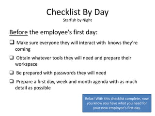 Checklist By Day
                        Starfish by Night

Before the employee’s first day:
 Make sure everyone they wil...