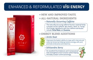 ENHANCED & REFORMULATED VÍSI ENERGY
              » NEW AND IMPROVED TASTE
              » ALL-NATURAL INGREDIENTS
                 » Naturally Occurring Caffeine
                  The naturally occurring caffeine found in several herbs
                  is known as bio-caffeine. Bio means ”alive” or ”living”.
                  Vísi Energy ingredients with bio-caffeine attributes
                  include Yerba Mate and Guarana.

              » ENERGY BLEND ADDITIONS
                 » Arctic Root
                  Improves the body’s ability to cope with internal and
                  external stress by helping restore energy cells and
                  promote endurance and stamina.

                 » Schisandra Berry
                  An excellent fluid balancer and nutraceutical
                  that strengthens liver function while helping
                  the body sustain continual energy.
 