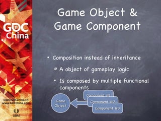 Game Object &
    Game Component

•   Composition instead of inheritance

        A object of gameplay logic
    •   Is composed by multiple functional
        components
                  Component #1
    Game           Component #2
    Object
                      Component #3
 