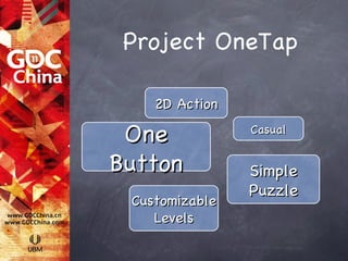 Project OneTap

    2D Action

 One            Casual


Button          Simple
                Puzzle
 Customizable
    Levels
 