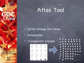 Atlas Tool

•   Stitch bitmap into Atlas
•   Automation
•   Transparent process
 
