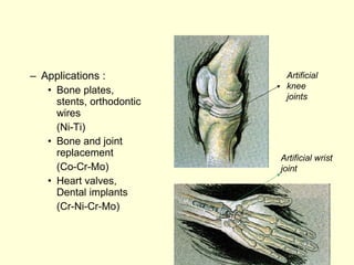 – Applications : 
• Bone plates, 
stents, orthodontic 
wires 
(Ni-Ti) 
• Bone and joint 
replacement 
(Co-Cr-Mo) 
• Heart valves, 
Dental implants 
(Cr-Ni-Cr-Mo) 
Artificial 
knee 
joints 
Artificial wrist 
joint 
 