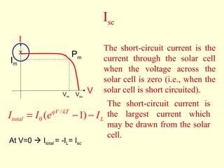 Isc 
The short-circuit current is the 
current through the solar cell 
when the voltage across the 
solar cell is zero (i.e., when the 
solar cell is short circuited). 
The short-circuit current is 
the largest current which 
may be drawn from the solar 
cell. 
I 
Vm 
Im 
Pm 
Voc 
X 
I = I ( e qV / 
kT - 1) 
- I 
total 0 L At V=0  Itotal = -IL= Isc 
V 
 
