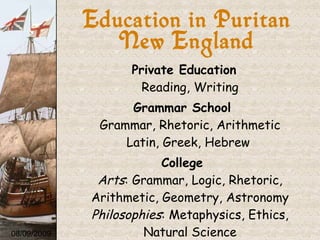 Private Education Reading, Writing Grammar School   Grammar, Rhetoric, Arithmetic Latin, Greek, Hebrew  College   Arts : Grammar, Logic, Rhetoric, Arithmetic, Geometry, Astronomy Philosophies : Metaphysics, Ethics, Natural Science Also : Greek, Hebrew, Ancient History 08/09/2009 Education in Puritan New England 