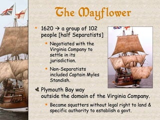 1620    a group of 102  people [half Separatists]  Negotiated with the Virginia Company to  settle in its  jurisdiction. Non-Separatists  included Captain Myles  Standish. Plymouth Bay way  outside the domain of the Virginia Company. Became squatters without legal right to land & specific authority to establish a govt. The Mayflower 