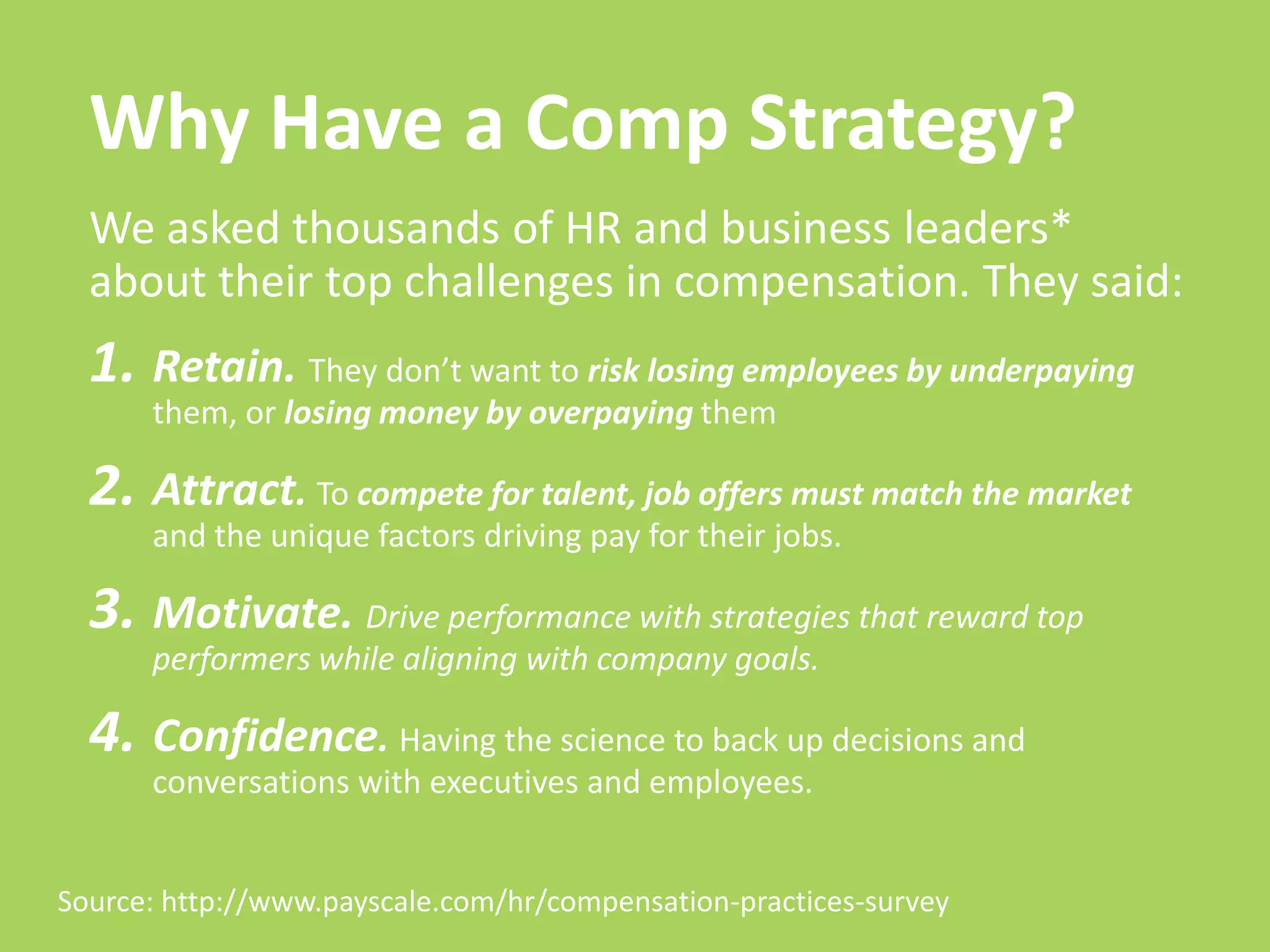 Why Have a Comp Strategy?
We asked thousands of HR and business leaders*
about their top challenges in compensation. They said:

1. Retain. They don’t want to risk losing employees by underpaying
them, or losing money by overpaying them

2. Attract. To compete for talent, job offers must match the market
and the unique factors driving pay for their jobs.

3. Motivate. Drive performance with strategies that reward top
performers while aligning with company goals.

4. Confidence. Having the science to back up decisions and
conversations with executives and employees.

Source: http://www.payscale.com/hr/compensation-practices-survey

 