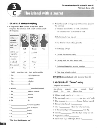 The man who works and is not bored is never old.
Pablo Casals, Spanish cellist
1 GRAMMAR adverbs of frequency
a Complete the You column in the chart. Then
complete the sentences with a verb and an adverb
of frequency.
always
usually
often
sometimes
hardlyever
never -
eat fruit and
vegetables
do sport or
exercise
be relaxed
drink alcohol
be ill
Steffi
-
Robert You
1 Steffi sometimes eats fruit and vegetables.
2 She sport or exercise.
3 She relaxed.
4 She alcohol.
5 She ill.
6 Robert fruit and vegetables.
7 He sport or exercise.
8 He relaxed.
9 He alcohol.
10 He ill.
I l l fruit and vegetables.
12 1 sport or exercise.
13 I relaxed.
14 I alcohol.
15 I ill.
Who lives the Okinawa way?
b Write the adverb of frequency in the correct place in
the sentence.
1 Tom rides his motorbike to work, (sometimes)
Tom sometimes rides his motorbike to work.
2 My boyfriend is late, (never)
3 The children walk to school, (usually)
4 I'm hungry, (always)
5 Teachers are stressed, (often)
6 I see my uncle and aunt, (hardly ever)
7 Professional footballers are rich, (usually)
8 Pilots sleep in hotels, (often)
2 VOCABULARY 'Okinawa7
reading
Complete the sentences.
stay at home popular meat unusual beach
sunset riee busy take my time
1 Chinese people eat a lot of rice
2 The secretary is very - she has a lot of work.
3 That restaurant is because the food is good.
4 The opposite of'usual' is
5 I like to ! I don't like to be in a hurry.
6 In the summer I go to the every day.
7 I love the , when the sky is orange and red.
8 Vegetarians don't eat
9 I don't want to go out tonight. I want to
 