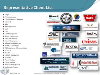 Representative Client List5Kroger  Warn Industries  Certified Security Solutions  Microsoft   Nike  IBM corporation   SAIC  EDS  CMI Management  Alticor Corporation  E&J Gallo wineries  Unisys Corporation  Information Builders Inc.  WIPRO Technologies  OR Department of Transportation  WA DOT  WA DIS  US GSA, GSA-OCFO  DOE-BPA  Port of Portland  City of Portland  Portland Public Schools  Multnomah County