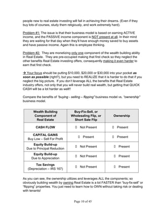 people new to real estate investing will fail in achieving their dreams. (Even if they
buy lots of courses, study them religiously, and work extremely hard).

Problem #1: The issue is that their business model is based on earning ACTIVE
income, and the PASSIVE income component is NOT present at all. In their mind
they are waiting for that day when they’ll have enough money saved to buy assets
and have passive income. Again this is employee thinking.

Problem #2: They are monetizing only one component of the wealth building ability
in Real Estate. They are pre-occupied making that first check so they neglect the
other benefits Real Estate investing offers, consequently making it even harder to
earn that first check.

 Your focus should be putting $10,000, $20,000 or $30,000 into your pocket as
soon as possible (right?), but you need to REALIZE that it is harder to do that if you
neglect the big picture. If you don’t leverage ALL the benefits that Real Estate
industry offers, not only that you will never build real wealth, but getting that QUICK
CASH will be a lot harder as well!!

Compare the benefits of “buying - selling – flipping” business model vs. “ownership”
business model.


       Wealth Building               Buy-Fix-Sell, or
       Component of                 Wholesaling Flip, or           Ownership
        Real Estate                  Short Sale Flip

         CASH FLOW                     Not Present               Present

      CAPITAL GAINS
                                         Present                 Present
   Buy Low – Sell For Profit
      Equity Build-up
                                       Not Present                Present
  Due to Principal Reduction
       Equity Build-up
                                       Not Present                Present
      Due to Appreciation

        Tax Savings
                                       Not Present                Present
   (Depreciation – IRS 167)


As you can see, the ownership utilizes and leverages ALL the components; so
obviously building wealth by owning Real Estate is a lot FASTER than “buy-fix-sell” or
“flipping” properties. You just need to learn how to OWN without taking risk or dealing
with tenants!


                                      Page 10 of 45
 