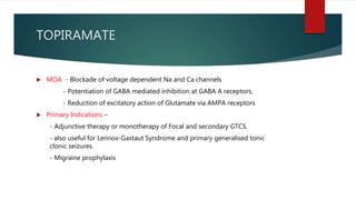 TOPIRAMATE
 MOA - Blockade of voltage dependent Na and Ca channels
- Potentiation of GABA mediated inhibition at GABA A receptors,
- Reduction of excitatory action of Glutamate via AMPA receptors
 Primary Indications –
- Adjunctive therapy or monotherapy of Focal and secondary GTCS.
- also useful for Lennox-Gastaut Syndrome and primary generalised tonic
clonic seizures.
- Migraine prophylaxis
 