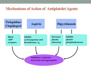 Mechanisms ofAction of AntiplateletAgents
Aspirin
Ticlopidine/
Clopidogrel
Dipyridamole
Inhibition of platelet
activation and aggregation
Block
ADP
receptors
Inhibits
cyclooxygenase and
thromboxane A2
Increases
plasma
adenosine
Inhibits
platelet
phosphodiesterase
 