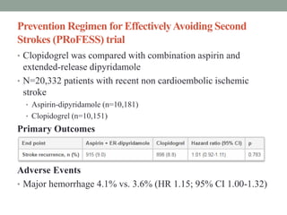 Prevention Regimen for EffectivelyAvoiding Second
Strokes (PRoFESS) trial
• Clopidogrel was compared with combination aspirin and
extended-release dipyridamole
• N=20,332 patients with recent non cardioembolic ischemic
stroke
• Aspirin-dipyridamole (n=10,181)
• Clopidogrel (n=10,151)
Primary Outcomes
Adverse Events
• Major hemorrhage 4.1% vs. 3.6% (HR 1.15; 95% CI 1.00-1.32)
 