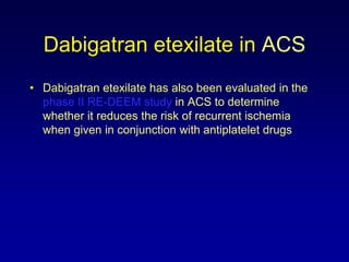 WarfarinBioavailabilynearly complete; absorption dampered by foodPeak concentration 2 - 8 hrBinds to albumin 99% of timeCan cross placental barrierRacemic mixture: S form by CYP2C9; R by CYP1A2, minor pathway CYP2C19, and minor pathway CYP3A4half-life: 25 - 60 hr; Excreted in urine and stoolFood-drug & drug-drug interactions: extensive!!Toxicities: bleeding, fetal bone abnormalities, skin necrosis