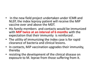 • In the new field project undertaken under ICMR and
NLEP, the index leprosy patient will receive the MIP
vaccine over and above the MDT.
• His family members and contacts would be immunized
with MIP twice at an interval of 6 months with the
expectation that their immunity is reinforced .
• The utility of immunizing the index case is for rapid
clearance of bacteria and clinical lesions.
• In contacts, MiP vaccination upgrades their immunity,
thereby
• resisting the development of the clinical disease on
exposure to M. leprae from those suffering from it.
 