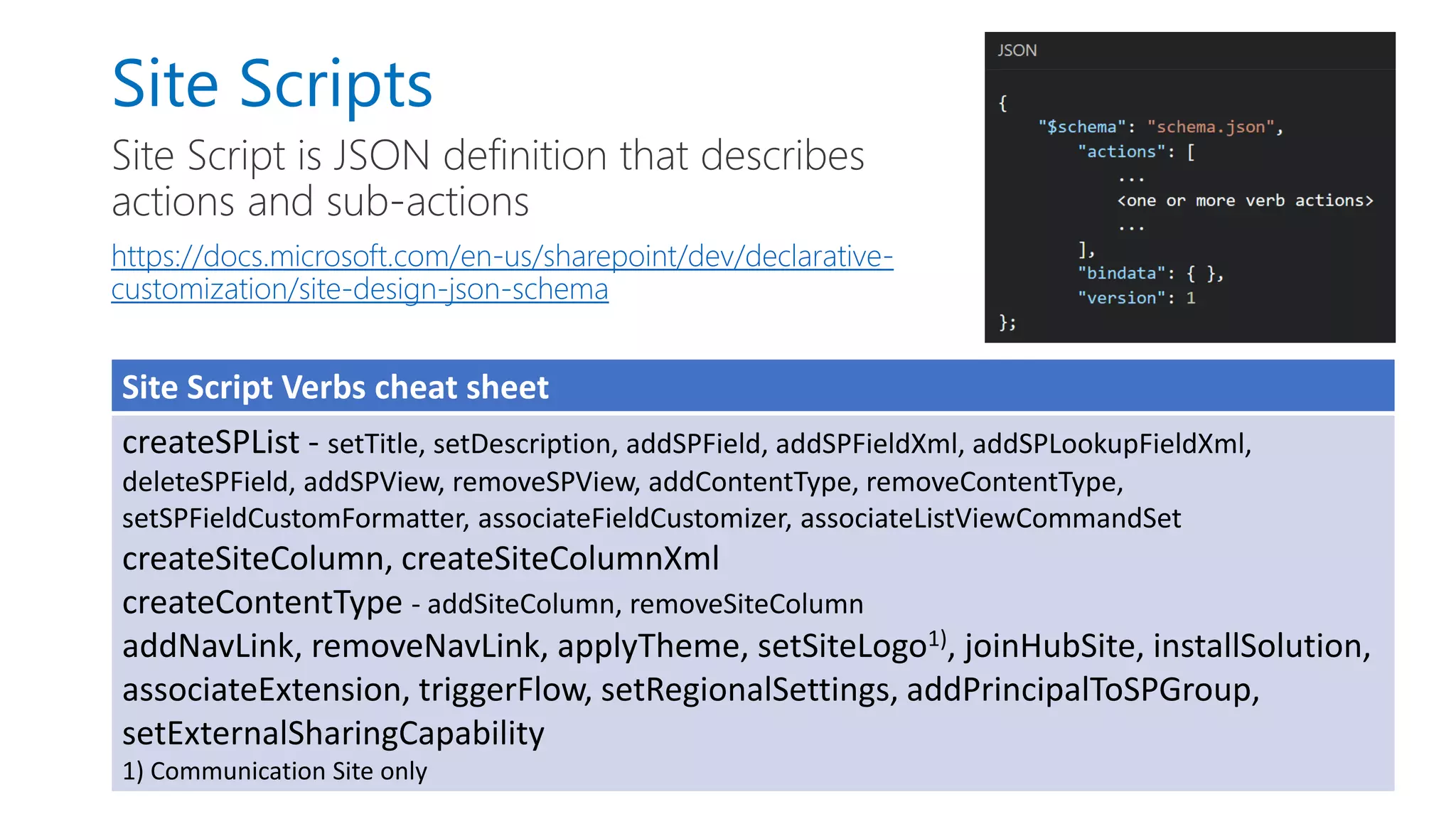 Site Scripts
Site Script is JSON definition that describes
actions and sub-actions
https://docs.microsoft.com/en-us/sharepoint/dev/declarative-
customization/site-design-json-schema
Site Script Verbs cheat sheet
createSPList - setTitle, setDescription, addSPField, addSPFieldXml, addSPLookupFieldXml,
deleteSPField, addSPView, removeSPView, addContentType, removeContentType,
setSPFieldCustomFormatter, associateFieldCustomizer, associateListViewCommandSet
createSiteColumn, createSiteColumnXml
createContentType - addSiteColumn, removeSiteColumn
addNavLink, removeNavLink, applyTheme, setSiteLogo1), joinHubSite, installSolution,
associateExtension, triggerFlow, setRegionalSettings, addPrincipalToSPGroup,
setExternalSharingCapability
1) Communication Site only
 