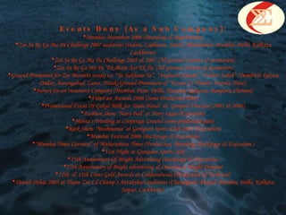 Events Done (As a Sub Company): Mumbai Marathon 2006 (Branding & Registration)  Zee Sa Re Ga Ma Pa Challenge 2007 auditions (Indore, Ludhiana, Jaipur, Ahemdabad, Mumbai, Delhi, Kolkata, Luckhnow)  Zee Sa Re Ga Ma Pa Challenge 2005 & 2007 (All ground concerts & promotion)  Zee Sa Re Ga Ma Pa ‘Ek Main Aur Ek Tu’ (All ground concerts & promotion)  Ground Promotion for Zee Marathi serials i.e. “Ya Sukhano Ya”, “Avghachi Sansar”, “Vahini Saheb” (Dombivli, kalyan, Dadar, Aurangabad, Latur, Nasik) Ground Promotion of “Kasam Se”(Dadar, Baroda, Pune)  Survey for an Insurance Company (Mumbai, Pune, Delhi, Haryana, kolkatta, Banglore, Chennai)  FilmFare Awards 2006 (Some Production Part)  Promotional Event Of Gokul Milk for ‘Dahi Handi’ & ‘Ganpati Visarjan’(2005 & 2006)  Fashion Show ‘Navy Ball’ at Navy nagar (Execution)  Mehta’s Weeding at Cooperage Ground (some production part)  Rock Show ‘Moshmania’ at Goregaon Sports Club 2005 (Execution)  Mumbai Festival 2006 (Backstage & Execution)  ‘ Mumbai Times Carnival’ of Maharashtra Times (Production, Branding, Backstage & Execution )  31st Night at Goregaon Sports club  25th Anniversary Of Bright Advertising (Backstage & Execution)  27th Anniversary of Bright advertising & Opening of Bright Dynamo  12th  & 13th Lions Gold Awards at Lokhandwala (Production & Technical)  Diwali Pahat 2005 at Thane Zee Lil Champ’s Antakshari auditions (Chandigarh, Bhopal, Mumbai, Delhi, Kolkata, Jaipur, Luckhnow)  