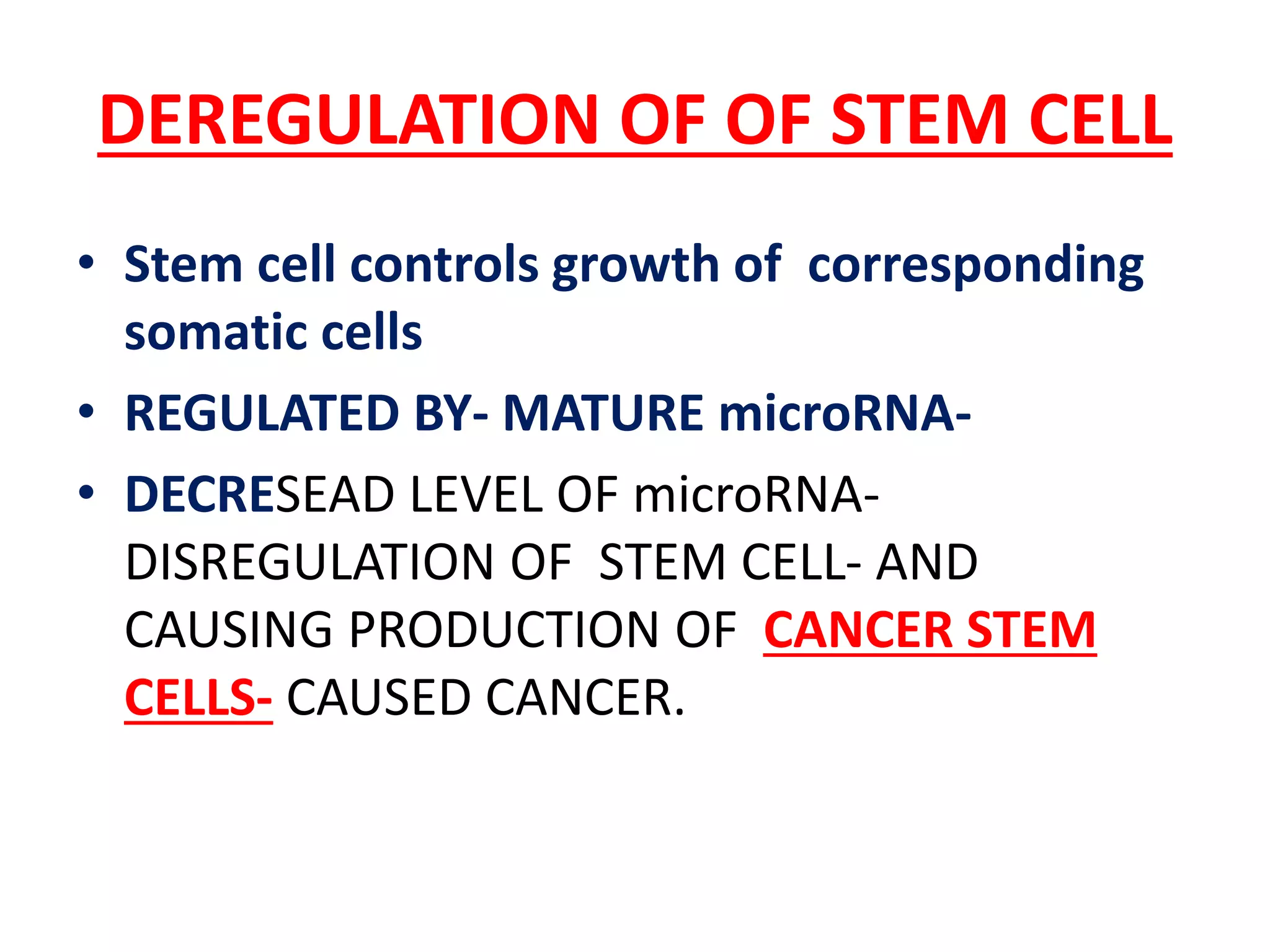 DEREGULATION OF OF STEM CELL
• Stem cell controls growth of corresponding
somatic cells
• REGULATED BY- MATURE microRNA-
• DECRESEAD LEVEL OF microRNA-
DISREGULATION OF STEM CELL- AND
CAUSING PRODUCTION OF CANCER STEM
CELLS- CAUSED CANCER.
 