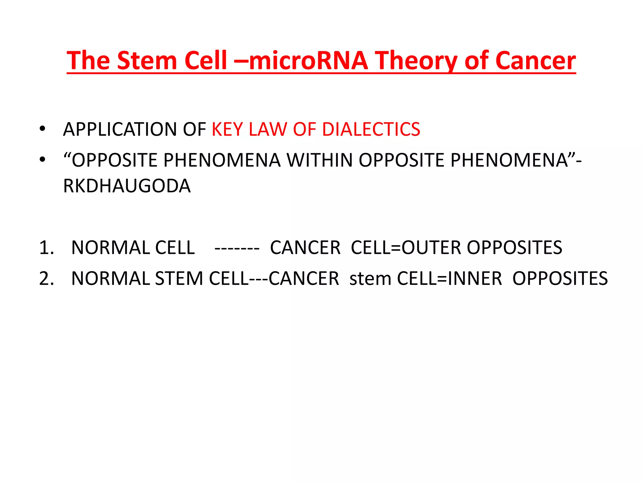 The Stem Cell –microRNA Theory of Cancer
• APPLICATION OF KEY LAW OF DIALECTICS
• “OPPOSITE PHENOMENA WITHIN OPPOSITE PHENOMENA”-
RKDHAUGODA
1. NORMAL CELL ------- CANCER CELL=OUTER OPPOSITES
2. NORMAL STEM CELL---CANCER stem CELL=INNER OPPOSITES
 