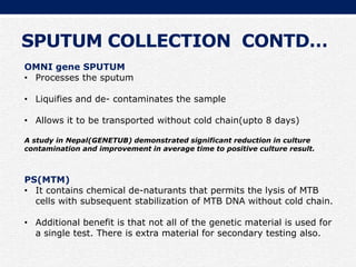 OMNI gene SPUTUM
• Processes the sputum
• Liquifies and de- contaminates the sample
• Allows it to be transported without cold chain(upto 8 days)
A study in Nepal(GENETUB) demonstrated significant reduction in culture
contamination and improvement in average time to positive culture result.
PS(MTM)
• It contains chemical de-naturants that permits the lysis of MTB
cells with subsequent stabilization of MTB DNA without cold chain.
• Additional benefit is that not all of the genetic material is used for
a single test. There is extra material for secondary testing also.
SPUTUM COLLECTION CONTD…
 