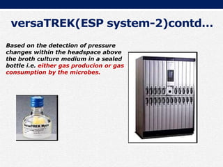 versaTREK(ESP system-2)contd…
Based on the detection of pressure
changes within the headspace above
the broth culture medium in a sealed
bottle i.e. either gas producion or gas
consumption by the microbes.
 