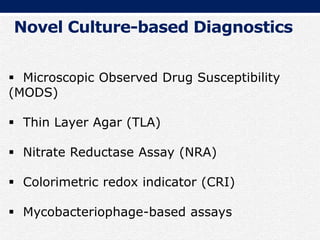  Microscopic Observed Drug Susceptibility
(MODS)
 Thin Layer Agar (TLA)
 Nitrate Reductase Assay (NRA)
 Colorimetric redox indicator (CRI)
 Mycobacteriophage-based assays
Novel Culture-based Diagnostics
 