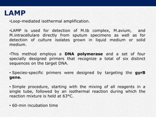 LAMP
•Loop-mediated isothermal amplification.
•LAMP is used for detection of M.tb complex, M.avium, and
M.intracellulare directly from sputum specimens as well as for
detection of culture isolates grown in liquid medium or solid
medium.
•This method employs a DNA polymerase and a set of four
specially designed primers that recognize a total of six distinct
sequences on the target DNA.
• Species-specific primers were designed by targeting the gyrB
gene.
• Simple procedure, starting with the mixing of all reagents in a
single tube, followed by an isothermal reaction during which the
reaction mixture is held at 63°C.
• 60-min incubation time
 