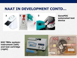 NAAT IN DEVELOPMENT CONTD…
GenePOC
automated test
device
KGI TBDx system:
instrument (left)
and test cartridge
(right)
 