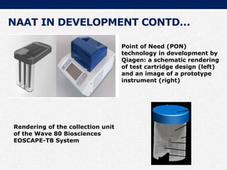 NAAT IN DEVELOPMENT CONTD…
Point of Need (PON)
technology in development by
Qiagen: a schematic rendering
of test cartridge design (left)
and an image of a prototype
instrument (right)
Rendering of the collection unit
of the Wave 80 Biosciences
EOSCAPE-TB System
 