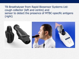TB Breathalyser from Rapid Biosensor Systems Ltd:
cough collector (left and centre) and
sensor to detect the presence of MTBC-specific antigens
(right)
 