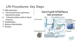 LPA Procedures: Key Steps
 DNA extraction:
a. Clinical pulmonary specimens
(decontaminated)
b. Cultured isolates (solid or liquid
cultures)
 Amplification
 Reverse Hybridization
 Analysis
 
