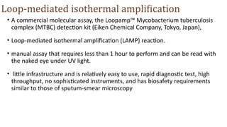 Loop-mediated isothermal amplification
• A commercial molecular assay, the Loopamp™ Mycobacterium tuberculosis
complex (MTBC) detection kit (Eiken Chemical Company, Tokyo, Japan),
• Loop-mediated isothermal amplification (LAMP) reaction.
• manual assay that requires less than 1 hour to perform and can be read with
the naked eye under UV light.
• little infrastructure and is relatively easy to use, rapid diagnostic test, high
throughput, no sophisticated instruments, and has biosafety requirements
similar to those of sputum-smear microscopy
 