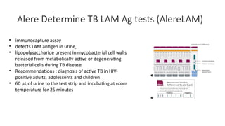 Alere Determine TB LAM Ag tests (AlereLAM)
• immunocapture assay
• detects LAM antigen in urine,
• lipopolysaccharide present in mycobacterial cell walls
released from metabolically active or degenerating
bacterial cells during TB disease
• Recommendations : diagnosis of active TB in HIV-
positive adults, adolescents and children
• 60 µL of urine to the test strip and incubating at room
temperature for 25 minutes
 