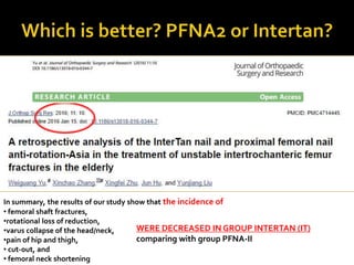 In summary, the results of our study show that the incidence of
• femoral shaft fractures,
•rotational loss of reduction,
•varus collapse of the head/neck,
•pain of hip and thigh,
• cut-out, and
• femoral neck shortening
WERE DECREASED IN GROUP INTERTAN (IT)
comparing with group PFNA-II
 