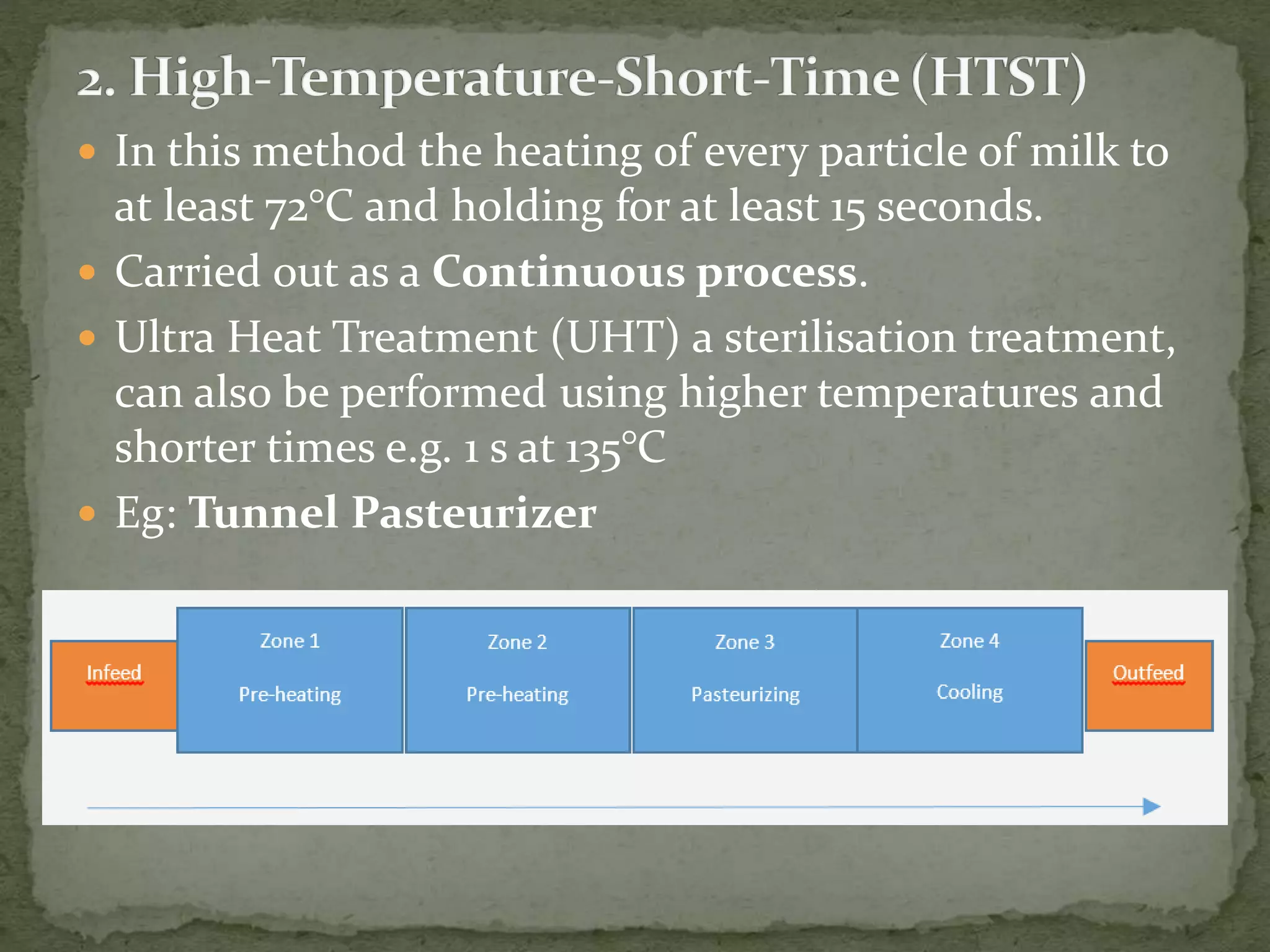  In this method the heating of every particle of milk to
at least 72°C and holding for at least 15 seconds.
 Carried out as a Continuous process.
 Ultra Heat Treatment (UHT) a sterilisation treatment,
can also be performed using higher temperatures and
shorter times e.g. 1 s at 135°C
 Eg: Tunnel Pasteurizer
 