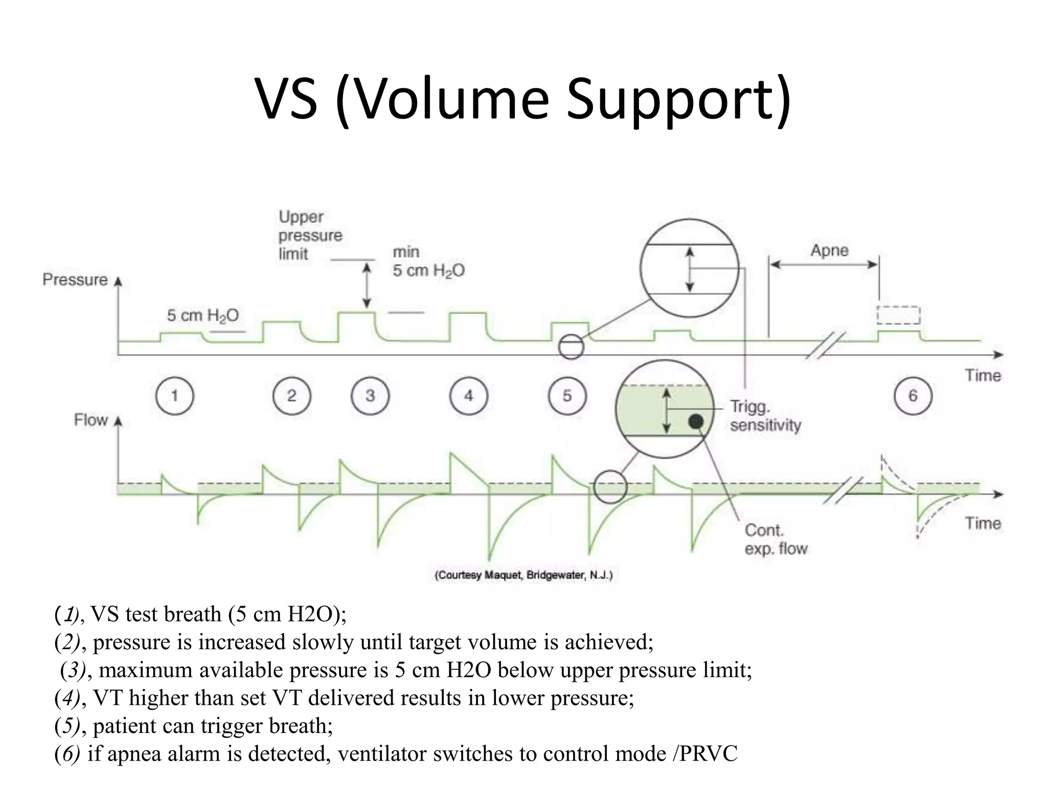 VS (Volume Support)
(1), VS test breath (5 cm H2O);
(2), pressure is increased slowly until target volume is achieved;
(3), maximum available pressure is 5 cm H2O below upper pressure limit;
(4), VT higher than set VT delivered results in lower pressure;
(5), patient can trigger breath;
(6) if apnea alarm is detected, ventilator switches to control mode /PRVC
 