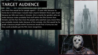 TARGET AUDIENCE
this short film would be for people aged 6 - 25 year olds because its
funny but in dumb ways it would make anyone between those ages laugh
because jev falls over every 2 minutes. this is mainly for genders who are
males because males probably find stuff within the film funnier than
females and the fact that most the people who watched scary movie films
was probably mostly males because of the comedy. this film would be for
grade a because people within businesses would find it funny too and
they could probably get the film more recognition.
 