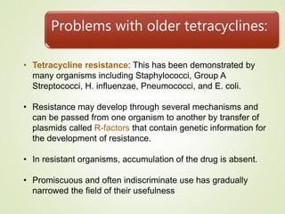 Problems with older tetracyclines:
• Tetracycline resistance: This has been demonstrated by
many organisms including Staphylococci, Group A
Streptococci, H. influenzae, Pneumococci, and E. coli.
• Resistance may develop through several mechanisms and
can be passed from one organism to another by transfer of
plasmids called R-factors that contain genetic information for
the development of resistance.
• In resistant organisms, accumulation of the drug is absent.
• Promiscuous and often indiscriminate use has gradually
narrowed the field of their usefulness
 